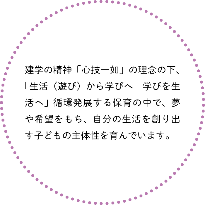 建学の精神「心技一如」の理念の下、「生活（遊び）から学びへ　学びを生活へ」循環発展する保育の中で、夢や希望をもち、自分の生活を創り出す子どもの主体性を育んでいます。